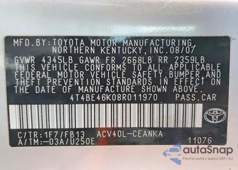 2008 Toyota Camry Ce from USA, damaged, VIN 4T4BE46K08R011970